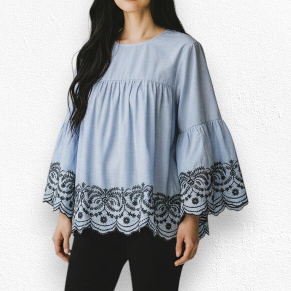 Zara Basic Blue Black Striped Embroidered Bell Sleeve Cotton Top Blouse Size XS - Picture 3 of 11